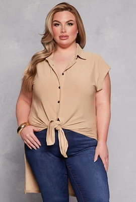 Womens Plus Size Cap Sleeve Tie Front High Low Shirt, Beige, Size 1X