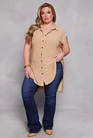 Womens Plus Size Cap Sleeve Tie Front High Low Shirt, Beige, Size 1X