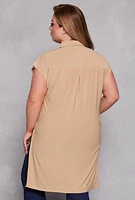 Womens Plus Size Cap Sleeve Tie Front High Low Shirt, Beige, Size 1X