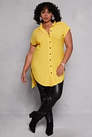 Womens Plus Cap Sleeve Tie Front High Low Shirt, Yellow,