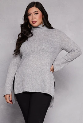 Womens Plus Size Waffle Knit Turtleneck Tunic Top, Grey, Size 3X