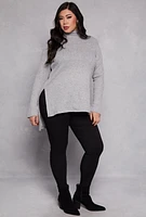 Womens Plus Size Waffle Knit Turtleneck Tunic Top, Grey, Size 3X