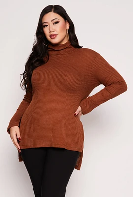 Womens Plus Waffle Knit Turtleneck Tunic Top,