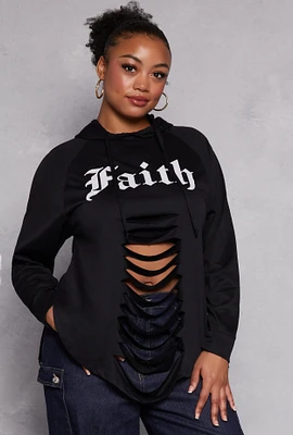 Womens Plus Faith Graphic Slashed Hooded Top, 3X