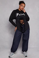 Womens Plus Size Faith Graphic Slashed Hooded Top, Black, Size 2X