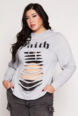 Womens Plus Faith Graphic Slashed Hooded Top,