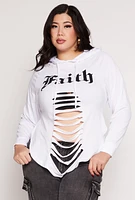 Womens Plus Size Faith Graphic Slashed Hooded Top, White, Size 3X