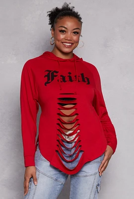 Womens Plus Size Faith Graphic Slashed Hooded Top, Red, Size 2X