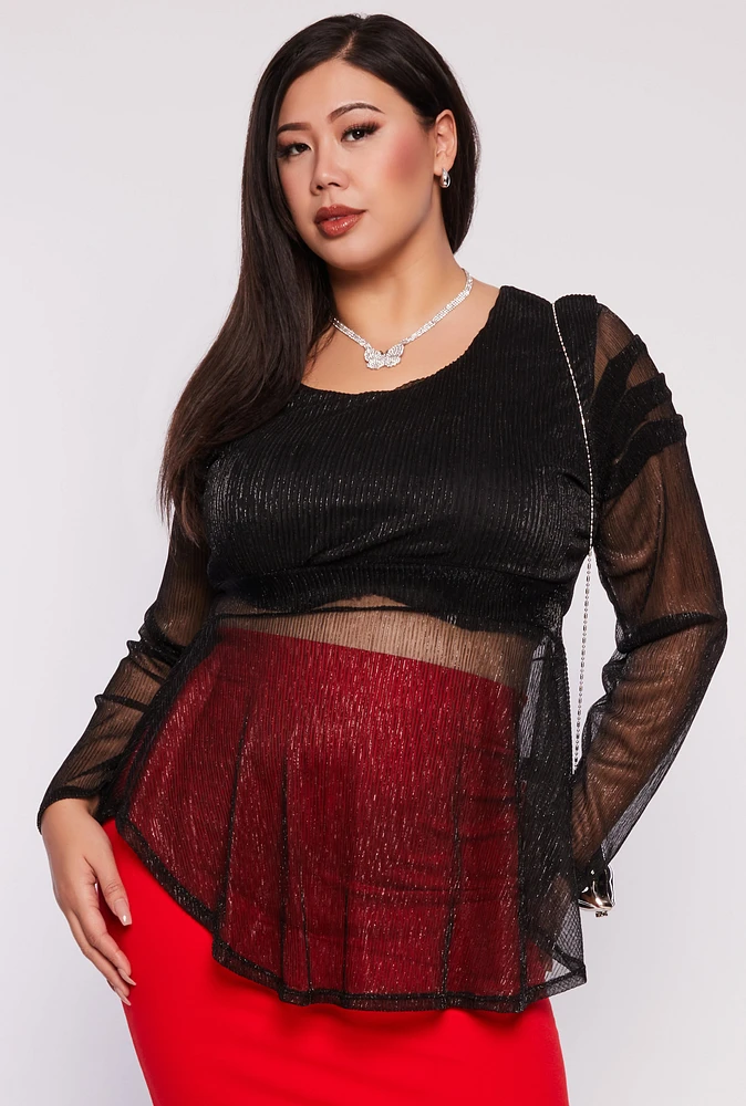 Womens Plus Lurex Plisse Peplum Blouse, 3X