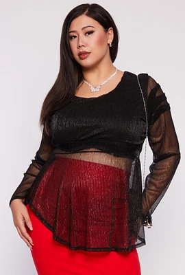 Womens Plus Lurex Plisse Peplum Blouse, 3X