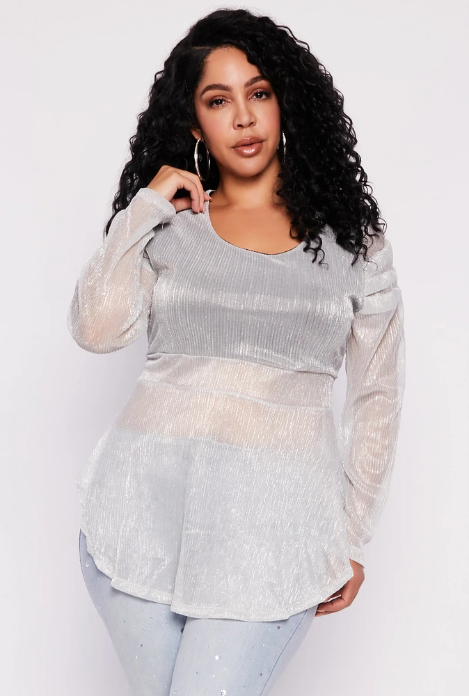 Womens Plus Size Lurex Plisse Peplum Blouse, Grey, Size 2X