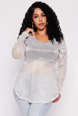 Womens Plus Size Lurex Plisse Peplum Blouse, Grey, Size 2X