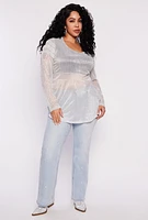 Womens Plus Size Lurex Plisse Peplum Blouse, Grey, Size 2X