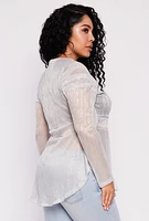 Womens Plus Size Lurex Plisse Peplum Blouse, Grey, Size 2X