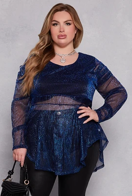 Womens Plus Size Lurex Plisse Peplum Blouse, Blue, Size 3X
