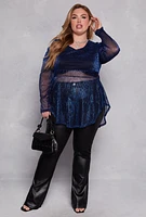 Womens Plus Size Lurex Plisse Peplum Blouse, Blue, Size 3X