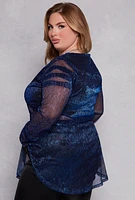 Womens Plus Size Lurex Plisse Peplum Blouse, Blue, Size 3X