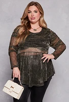 Womens Plus Lurex Plisse Peplum Blouse, Black,