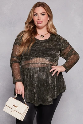 Womens Plus Lurex Plisse Peplum Blouse,
