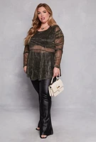 Womens Plus Lurex Plisse Peplum Blouse, Black,