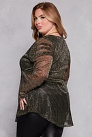 Womens Plus Lurex Plisse Peplum Blouse, Black,