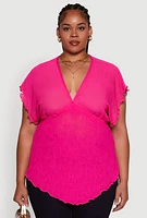 Womens Plus Size Dolman Sleeve Lettuce Edge Blouse, Pink, Size 2X