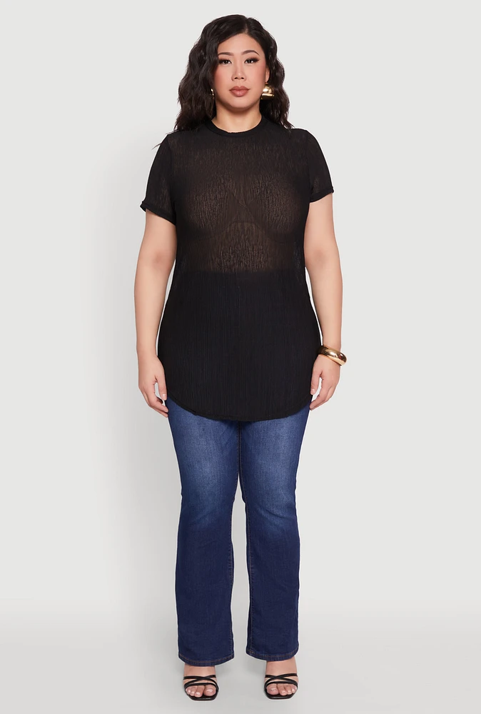 Womens Plus Sheer Short Sleeve Tunic Top,