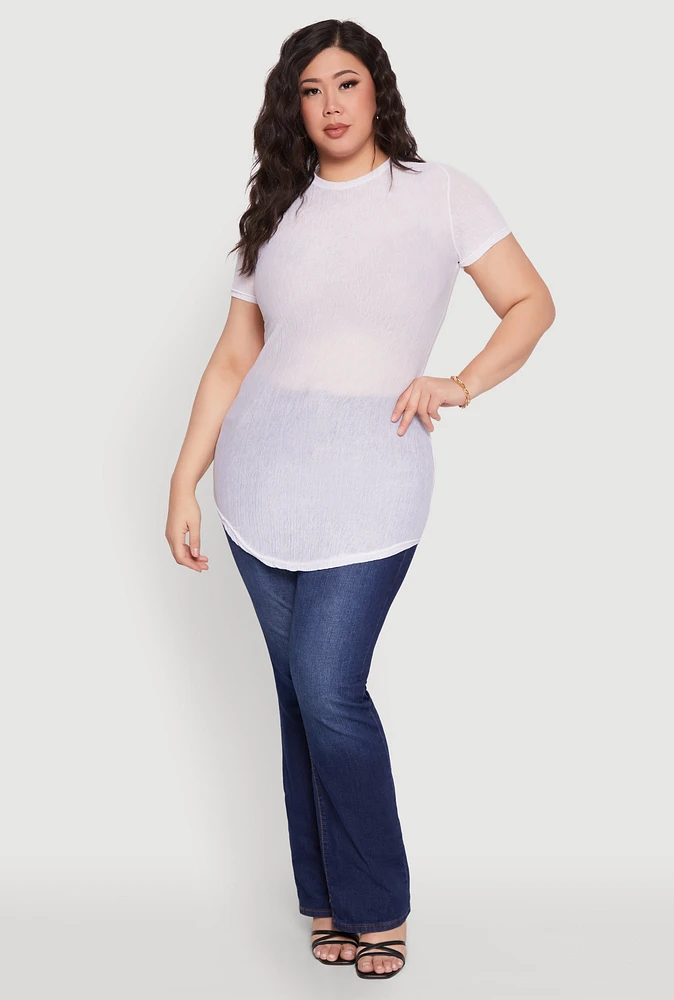 Womens Plus Size Sheer Short Sleeve Tunic Top, White, Size 3X