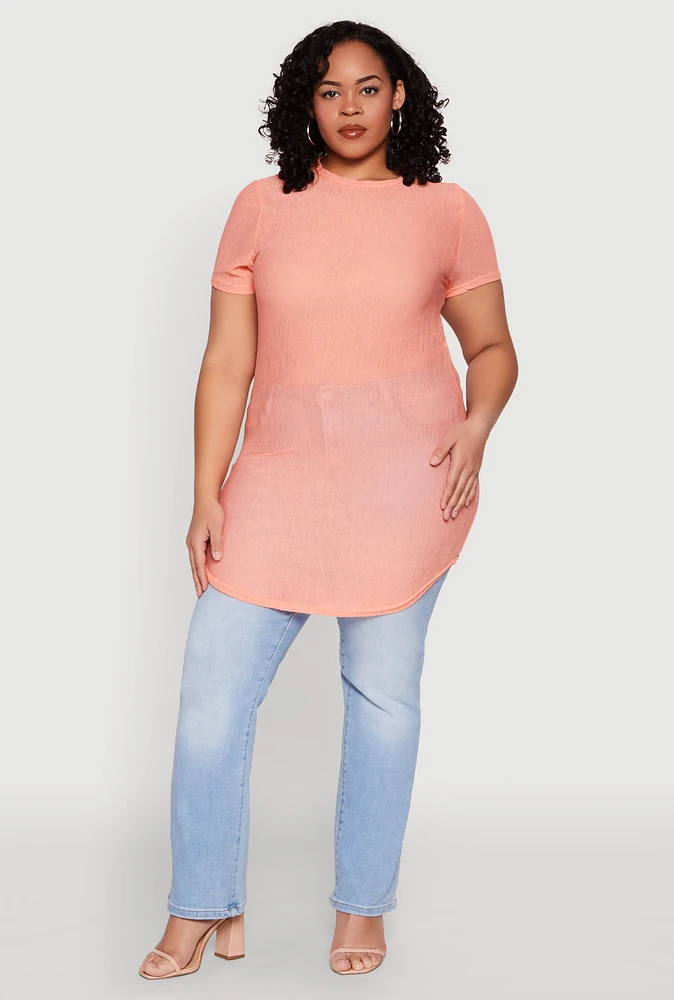 Womens Plus Sheer Short Sleeve Tunic Top,