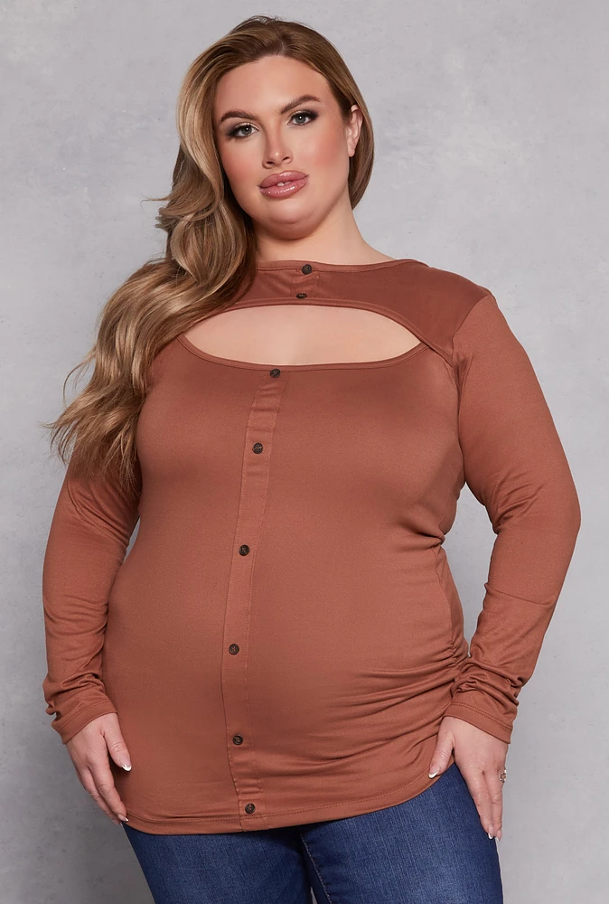 Womens Plus Size Button Detail Cut Out Top, Brown, Size 1X
