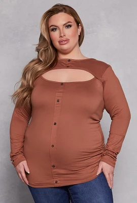 Womens Plus Size Button Detail Cut Out Top, Brown, Size 1X