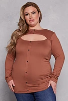 Womens Plus Size Button Detail Cut Out Top, Brown, Size 1X