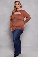 Womens Plus Size Button Detail Cut Out Top, Brown, Size 1X