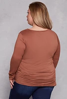 Womens Plus Size Button Detail Cut Out Top, Brown, Size 1X
