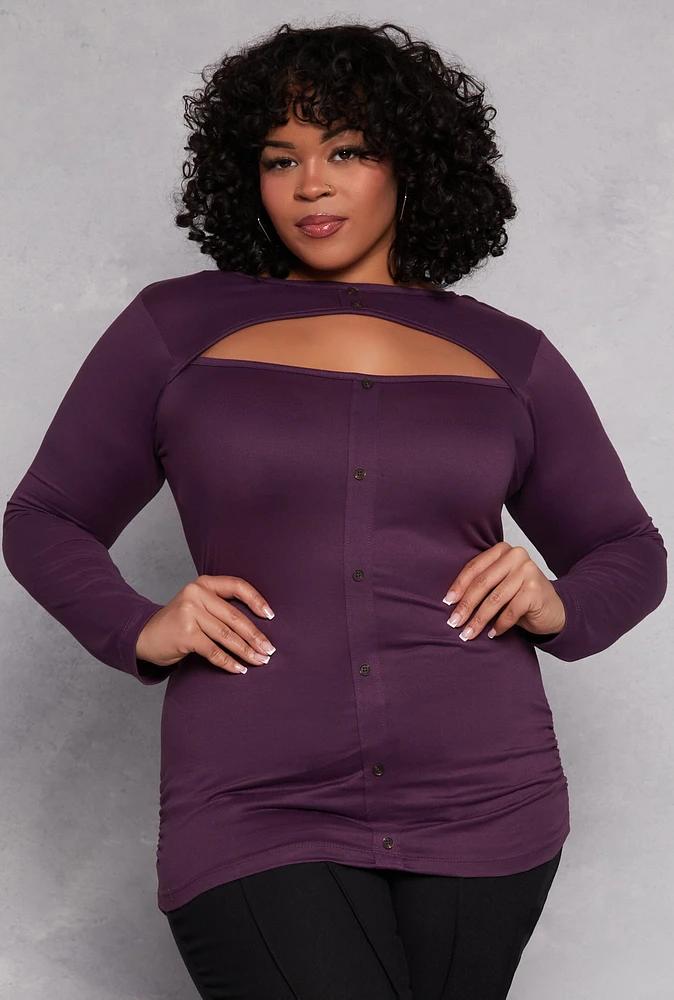 Womens Plus Size Button Detail Cut Out Top, Purple, Size 4X