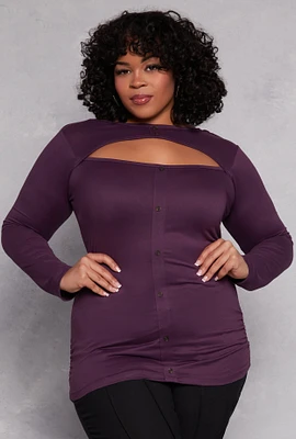 Womens Plus Size Button Detail Cut Out Top, Purple, Size 4X