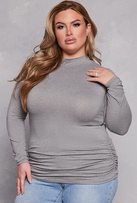 Womens Plus Soft Knit Ruched Mock Neck Top,