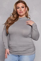 Womens Plus Size Soft Knit Ruched Mock Neck Top, Grey, Size 1X