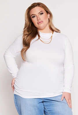 Womens Plus Size Soft Knit Ruched Mock Neck Top, White, Size 1X