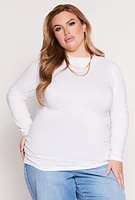 Womens Plus Size Soft Knit Ruched Mock Neck Top, White, Size 3X
