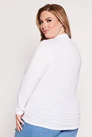 Womens Plus Size Soft Knit Ruched Mock Neck Top, White, Size 1X