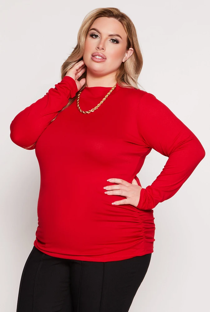 Womens Plus Size Soft Knit Ruched Mock Neck Top, Red, Size 1X