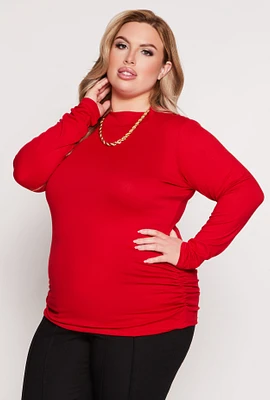 Womens Plus Size Soft Knit Ruched Mock Neck Top, Red, Size 1X