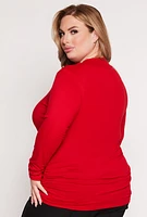 Womens Plus Size Soft Knit Ruched Mock Neck Top, Red, Size 1X