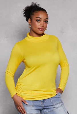Womens Plus Size Soft Knit Ruched Mock Neck Top, Yellow, Size 1X