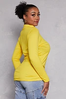 Womens Plus Size Soft Knit Ruched Mock Neck Top, Yellow, Size 1X