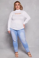 Womens Plus Size Caged Keyhole Long Sleeve Top, White, Size 2X