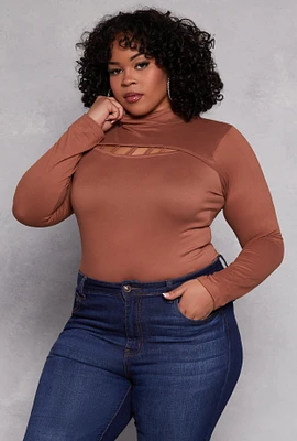 Womens Plus Size Caged Keyhole Long Sleeve Top, Brown, Size 4X