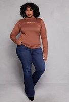 Womens Plus Size Caged Keyhole Long Sleeve Top, Brown, Size 4X