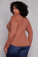 Womens Plus Size Caged Keyhole Long Sleeve Top, Brown, Size 4X